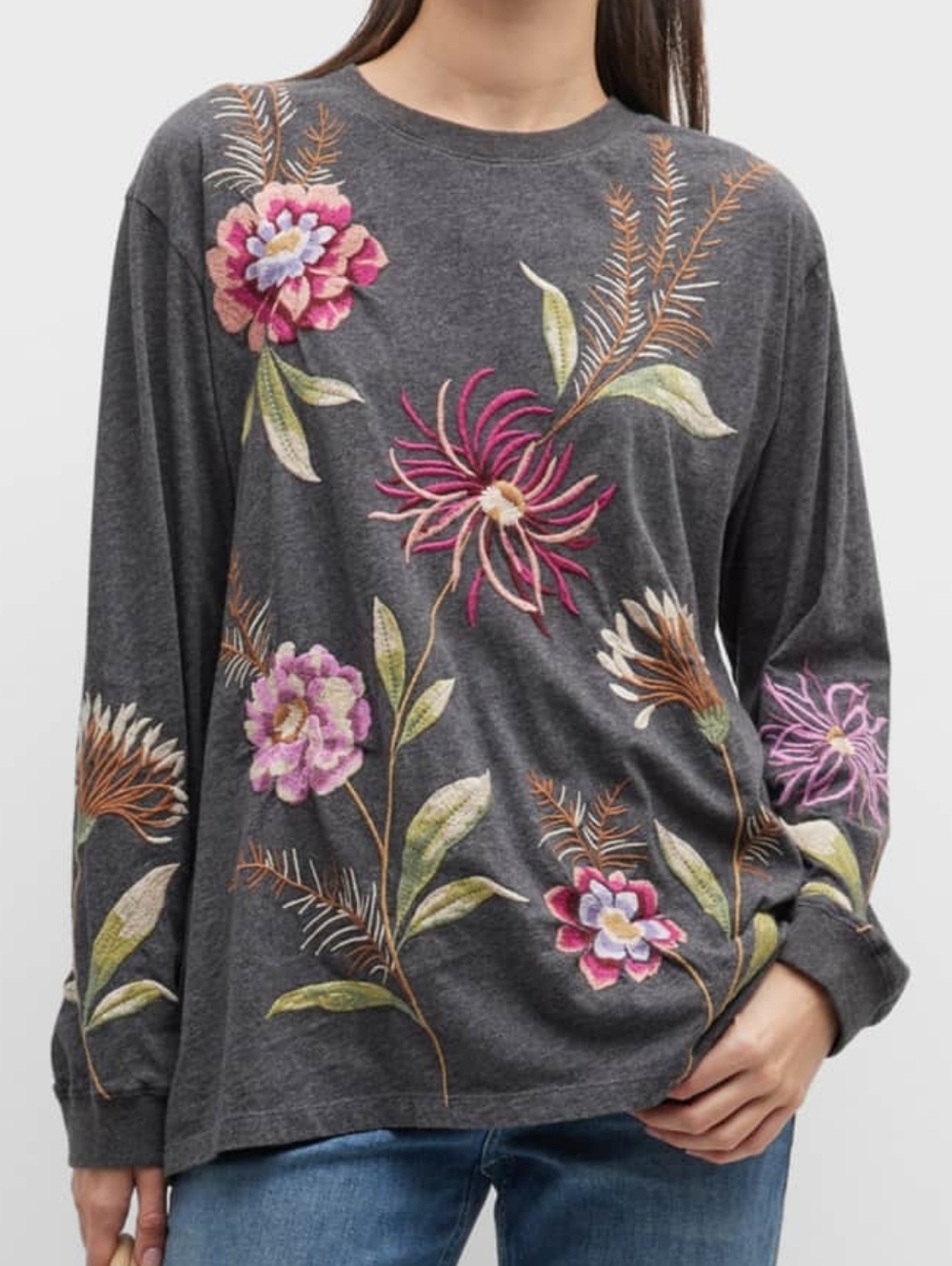Johnny Was Meriah Gray Long Sleeve with Multicolor Floral Embroidery Size M